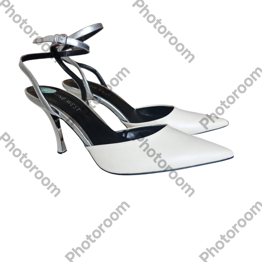 Nine West Women's Ankle Strap Pointy Toe White Pump Heels Size 7.5M